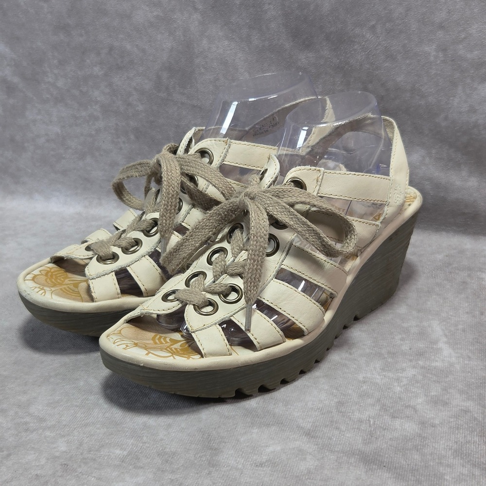 Fly London Yala Off White Leather Lace Up Wedge Sandals Womens 41 P500450012